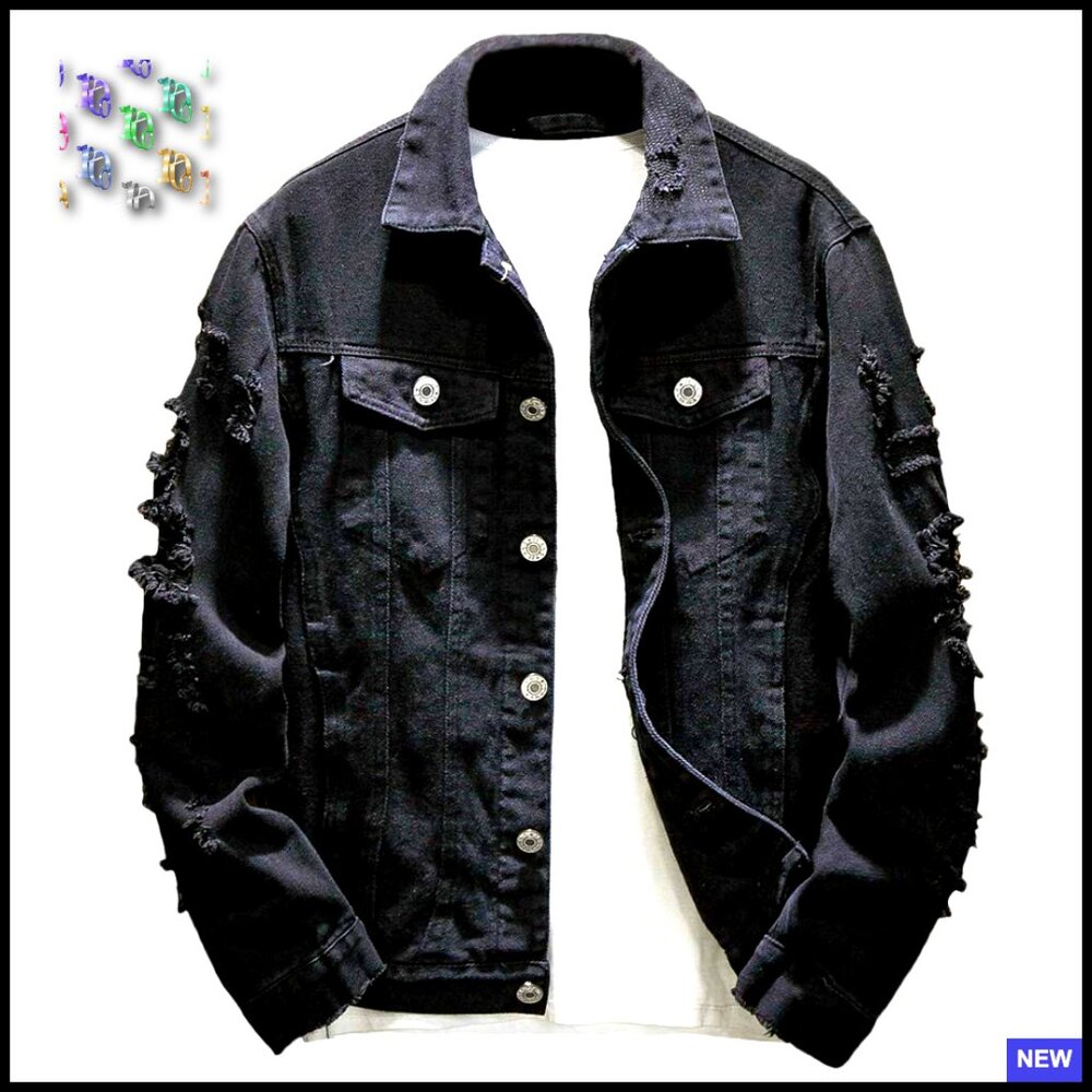 Distressed Denim Jacket Ripped Holes Slim Fit Casual Trucker Coat